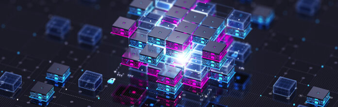 colored blocks in purple and black stacked on a mother board denoting blockchain and CLM software