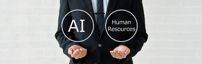 Human resources lawyer holding HR and AI in each hand indicating integration of extractive AI and human resources 
